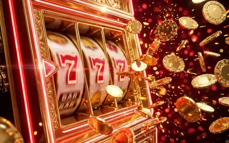 Golden 777 slot machine and coins on play99